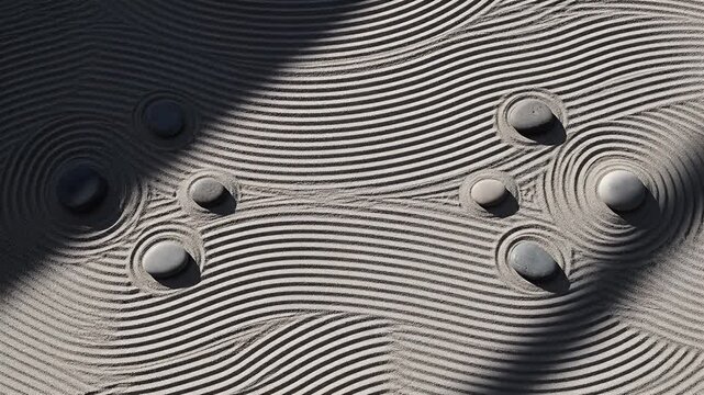 Static overhead of raked sand and smooth stones in a Japanese garden, gentle shadows moving in meditative symmetry