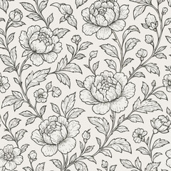An elegant hand-drawn seamless floral pattern showcasing intricate botanical illustrations of blooming flowers and winding leaves, perfect for sophisticated design projects.