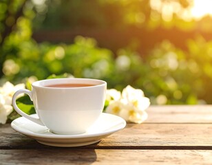 Obraz premium Cup of tea on wooden table, flowers in garden