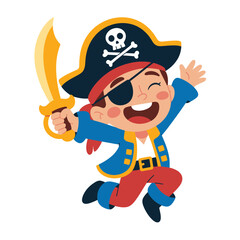 Naklejka premium Joyful cartoon pirate child with sword and eye patch