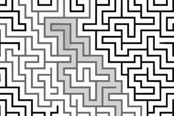 An intricate black and white maze features a highlighted gray path, symbolizing the journey through complex challenges towards a clear solution or strategic direction.