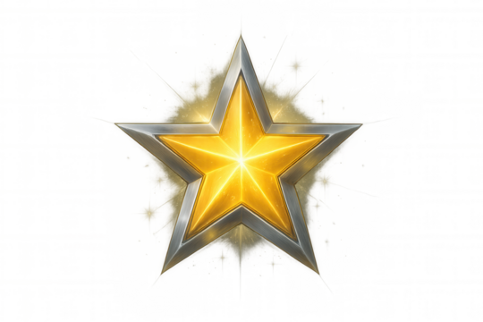 Metallic golden star gleaming with sharp silver contours against transparent backdrop