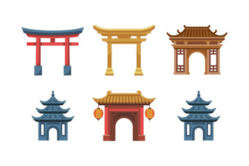 Japanese torii and chinese archway set, shrine gate icons, temple pavilion vector, east asian landmark illustration, traditional architecture design