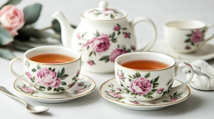 A beautiful tea set with floral designs, featuring two cups, a teapot, and a delicate plate, set against a soft background with green leaves.