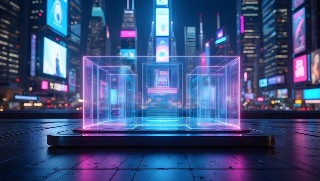 A futuristic cityscape glows with neon lights, featuring a holographic cube displaying digital data