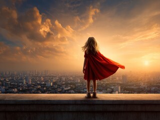 A young girl in a red cape stands tall, overlooking a sprawling cityscape at sunset.