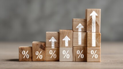 Rising Business Growth:  A conceptual representation of business growth with wooden blocks arranged as a ascending graph, with percentage symbols and upward arrows, symbolizing financial progress. 