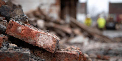 Fototapeta premium Charred bricks and debris with emergency crew in background