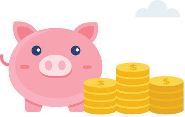 Piggy bank and coin, Cute Piggy Bank with Gold Coin Stacks on Transparent Background, illustration, vector, 