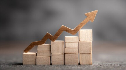 Ascending Success: A wooden arrow gracefully ascends a staircase made of wooden blocks, symbolizing the journey toward growth and progress.
