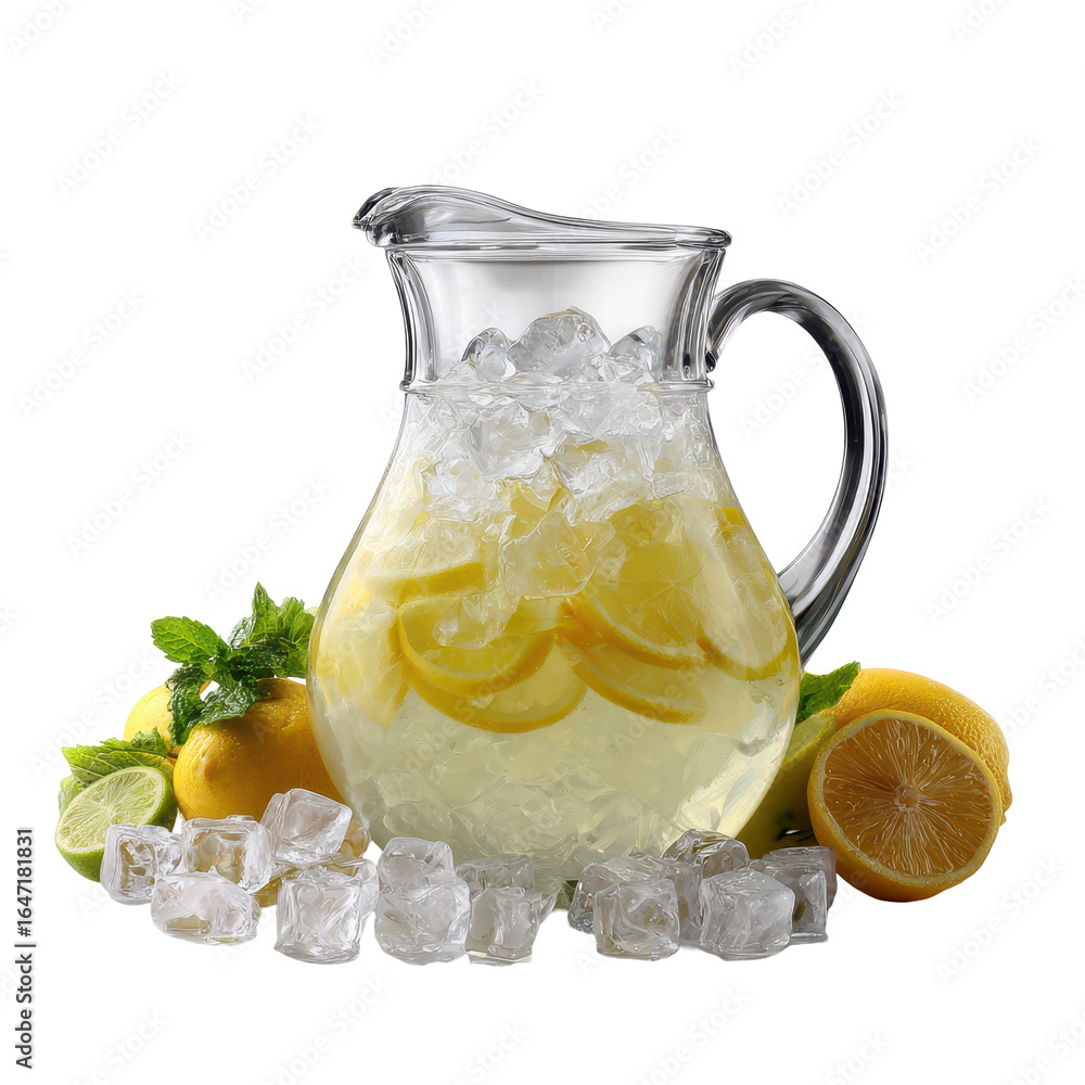 Poster lemonade pitcher with ice isoleted on transparent background.