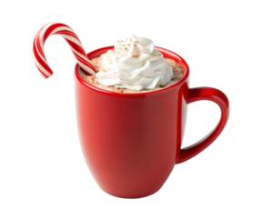 red mug of hot chocolate with whipped cream and candy cane isolated on a transparent background.