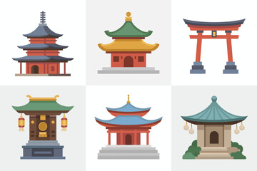 Japanese and chinese temple icons, pagoda torii shrine pavilion, culture landmark collection, vector illustration