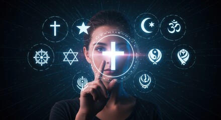 Woman touching glowing cross symbol, representing Christianity chosen from multiple world religions. Concept of faith, spiritual selection and religious belief.