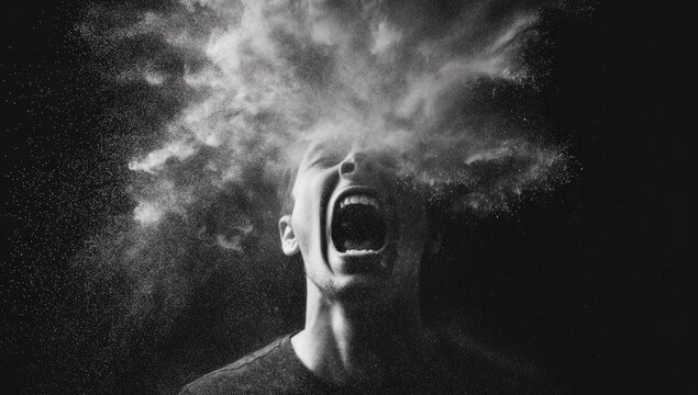 A grayscale close-up of a man screaming, with white powder erupting around his head