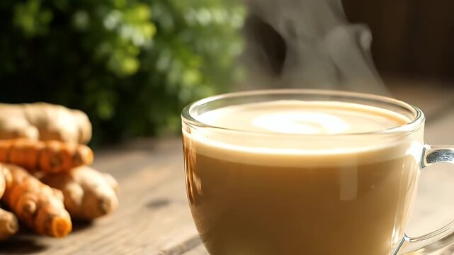 Macro pan of fresh turmeric and ginger beside a steaming golden drink as the vapor curls into a subtle protective aura on a rustic table