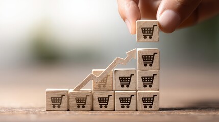 Rising Sales Trend: An upward arrow gracefully climbs a staircase formed by blocks adorned with shopping carts, symbolizing escalating sales figures and the dynamic growth of an organization.