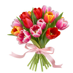 Fototapeta premium Vibrant Tulip Bouquet with Pink Ribbon
