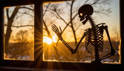 Skeleton waving goodbye at sunset from a window with trees outside  