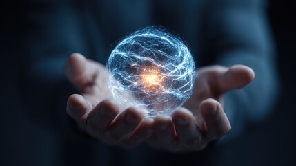 Energy Orb in Hand: A mesmerizing depiction of a glowing energy orb held delicately in a person's open palm, exuding an aura of power, innovation, and technological advancement.