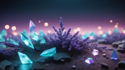 A serene and magical landscape featuring luminous crystals and enchanting flora under a twilight sky.