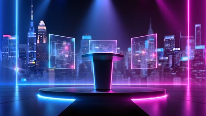 Futuristic stage with neon lights and holographic displays against a city skyline