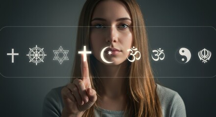 Obraz premium Woman selecting christian cross on screen among various religious symbols. Religion choice and spirituality concept.
