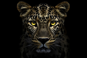 Fototapeta premium Close up portrait of a wild leopard with spotted fur and piercing eyes.