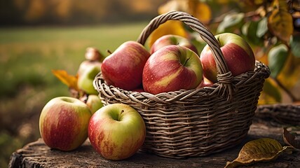 autumn apples in rustic basket with countryside background