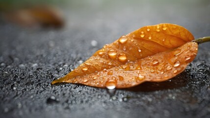 dew drops on fallen orange leaf with soft background