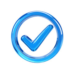 3D glossy translucent blue glass checkmark icon with circular ring on transparent background