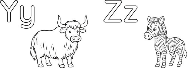 Isolated Alphabet coloring page letters Y and Z, with zebra and yak. Good for preschool learning, early literacy activities, homeschooling, printable worksheets