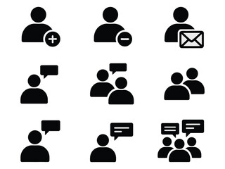 Black silhouette icons showing user profiles, social interactions, and chat communication