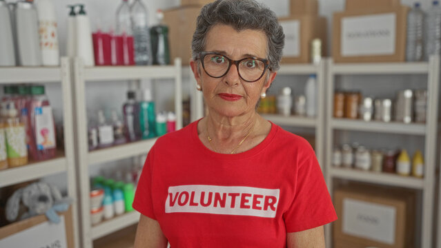 Senior woman with grey hair standing in a volunteer room wearing a red shirt surrounded by shelves filled with various products.