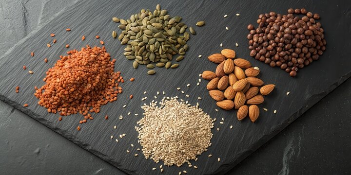 Heaps of raw superfoods and seeds on dark slate table, top view. Contrasty textures highlight nutritional variety. Perfect for wellness and diet content.