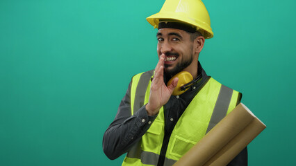 Young hispanic man in a hard hat and reflective vest holding plans, smiling against a vibrant green background, conveying professionalism and approachability in construction.