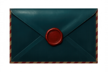 Closed teal envelope with red wax seal isolated on transparent background, ideal for mail and communication projects