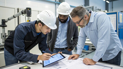 Engineer and technician discussing over digital tablet in factory. This is a computer generated and 3d rendered picture.