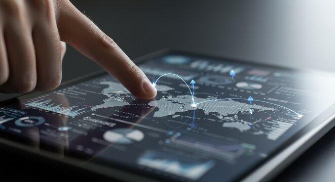 Finger Touching Tablet with World Map Data Visualization.