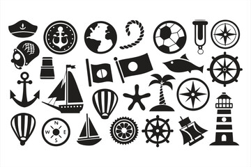 Collection of black vector travel icons and symbols, including a hat, tree, and holiday signs