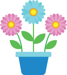 A cartoon illustration of three pink flowers in a blue pot, flowers in a pot.