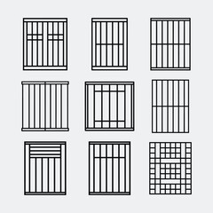 Modern minimalist windows grill design evenly spaced vertical black slim and sleek style matte finish high contrast on white background.