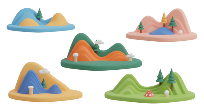 Stylized Isometric Landscape Set with Miniature Hill and Tree Illustrations