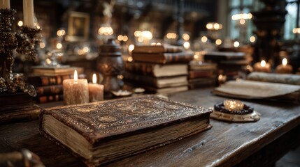 Ancient Book, Candles, and Stacks of Books in a Dimly Lit Room