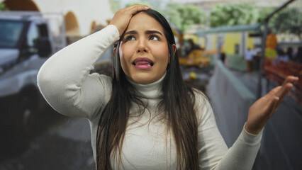 Woman outdoors with long hair looking frustrated on a street with vehicles and buildings in the...