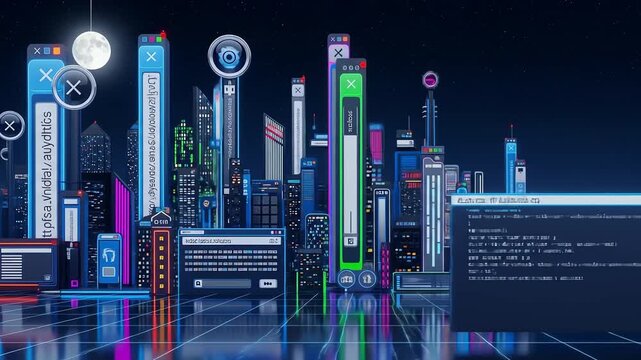 A Dynamic Digital Metropolis A Cityscape of Glowing UI Windows Under a Full Moon.