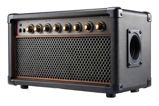 Black guitar amplifier with gold knobs and speaker grill