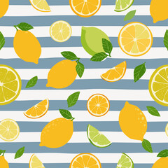 Seamless pattern with bright lemons and green leaves on a blue and white striped background. Perfect for summer textile, gift wrap, wallpaper, and stationery