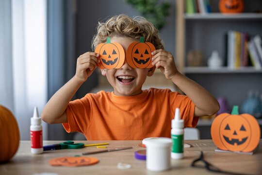 Joyful boy celebrates Halloween making pumpkin crafts at home, creating festive decorations and memories with handmade art for a spooky celebration