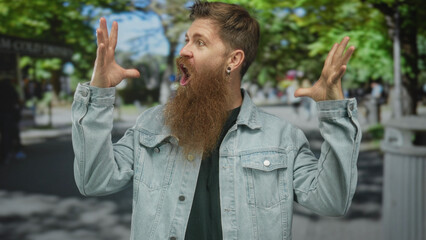 Man raises hands with spread fingers beside head on vibrant urban street scene; astonishment and curiosity.